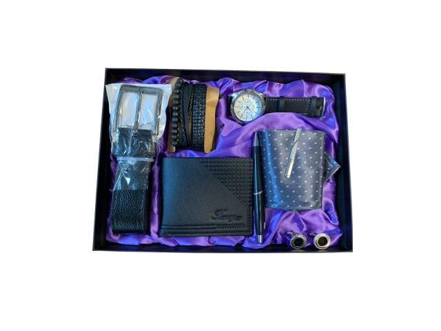 SET DE REGALO HOM 7P RELOJ CINTURON BILLETERA CORBATA LAPICERA GEMELOS TOBILLERA