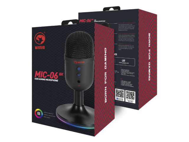 Micrófono de Estudio Gamer USB Cable 1.7 M RGB MIC-06 BK Negro Marvo