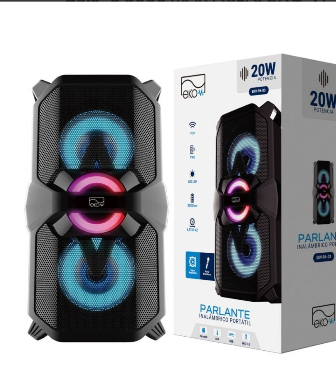 Parlante Bluetooth EKV-PA-03 20W 2 x 26.5''3 3000 mAh Negro EKO-Vi