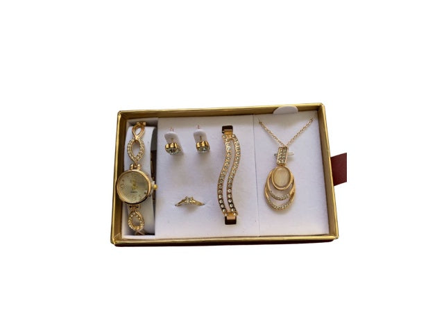 SET DE REGALO MUJER 6P RELOJ PULSERA CARAVANAS ANILLO CADENA DIJE