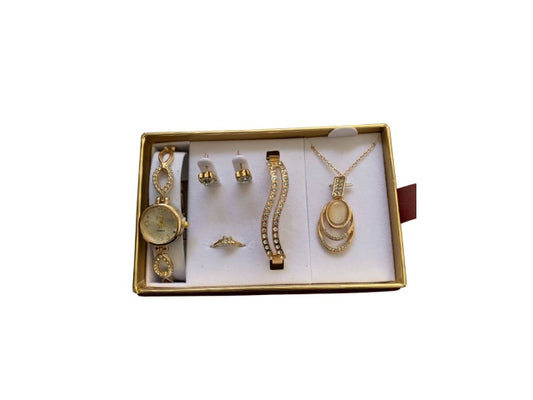 SET DE REGALO MUJER 6P RELOJ PULSERA CARAVANAS ANILLO CADENA DIJE
